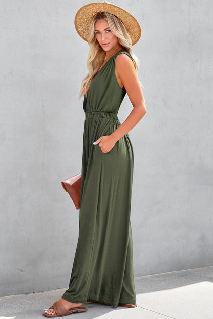 Deep V Pleated Crisscross Wide Leg Backless Jumpsuit | Jungle Green