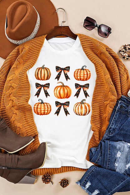 Halloween Pumpkin Bow Knot Print Crew Neck Tee | White