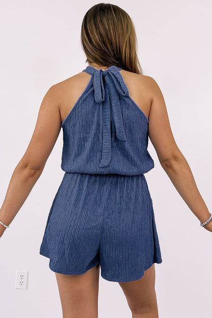 Knot Back High Neck Crinkle Textured Romper | Bluing