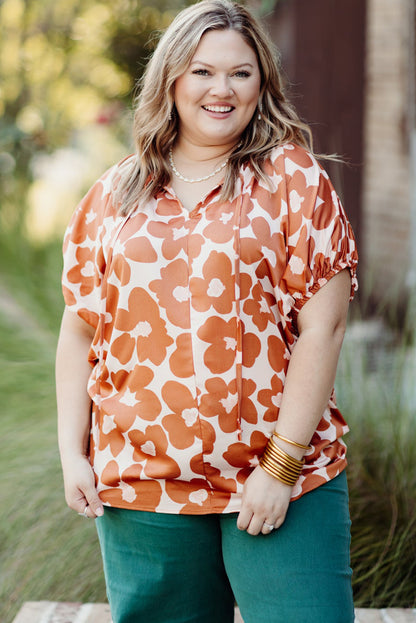 Plus Size Floral Print Drawstring V Neck Short Sleeve Blouse | Orange