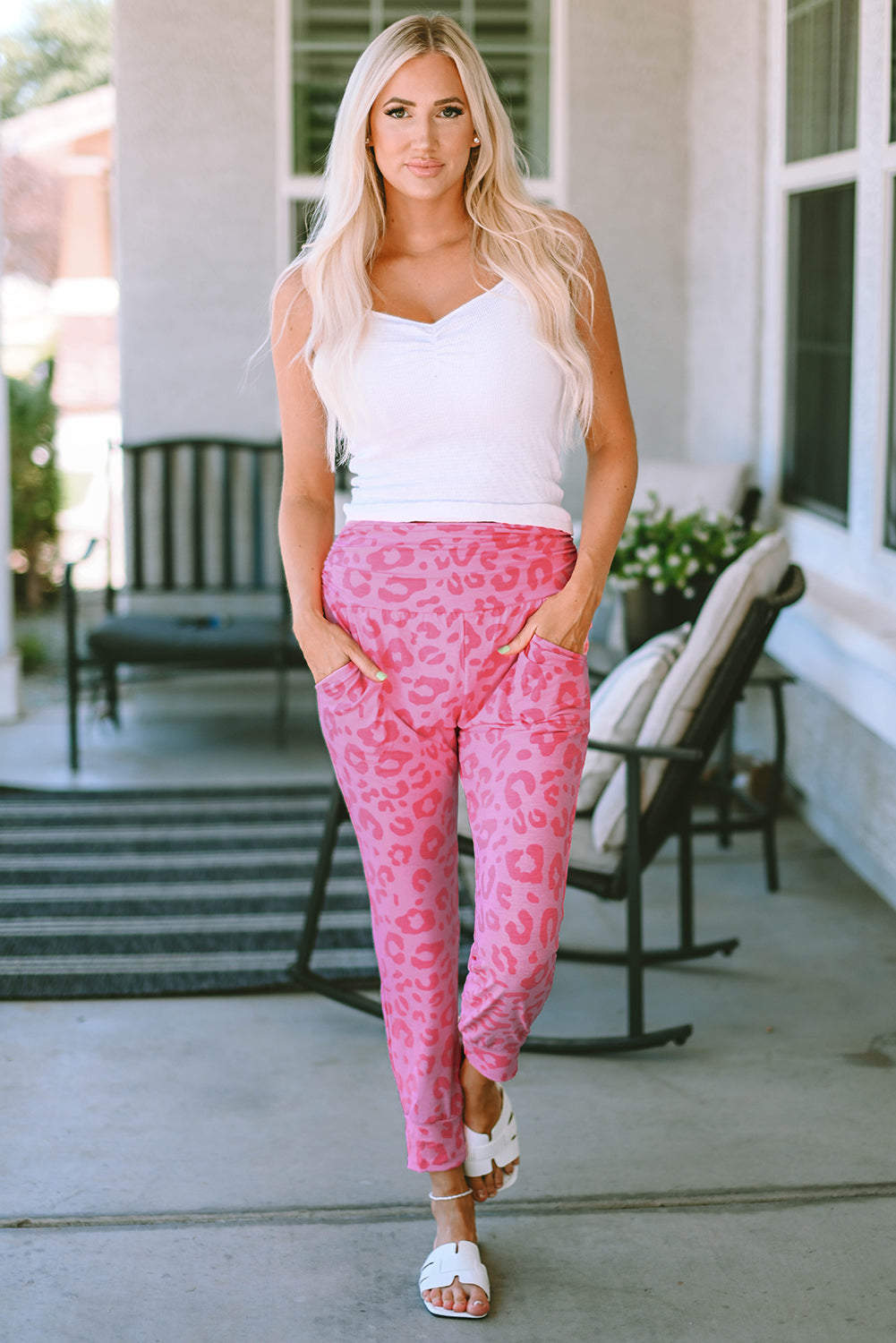 Leopard Print Ankle-Length High Waist Skinny Pants | Pink