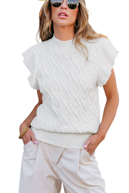 Textured Ruffled Mock Neck Knitted Vest | White