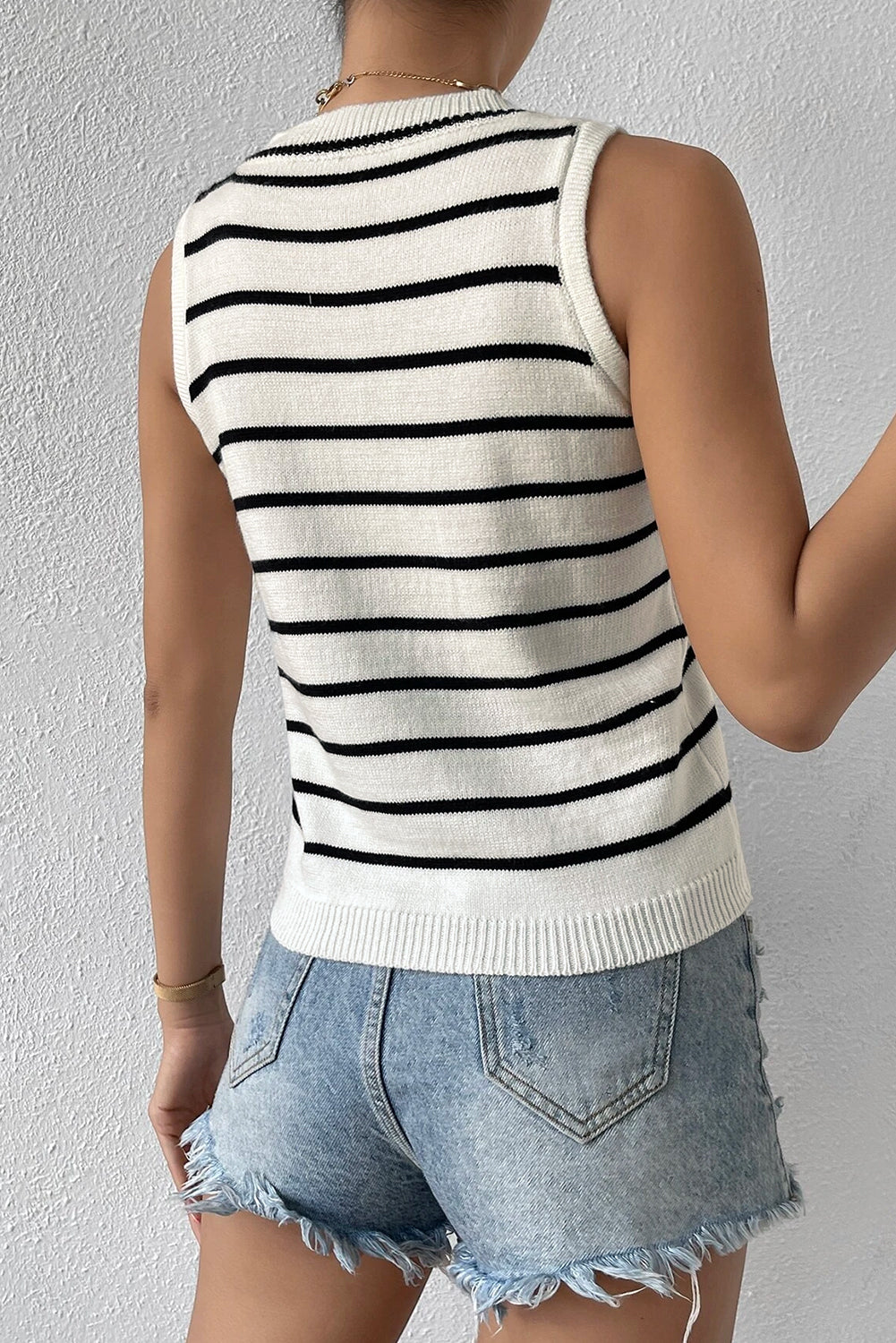 Striped Round Neck Sweater Vest | White