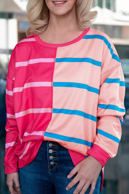 Colour Block Crewneck Long Sleeve Plus Size T Shirt | Rose Stripe