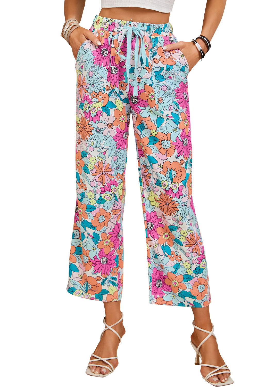 Flower Print Pocketed Drawstring Waist Wide Leg Pants | Multicolour