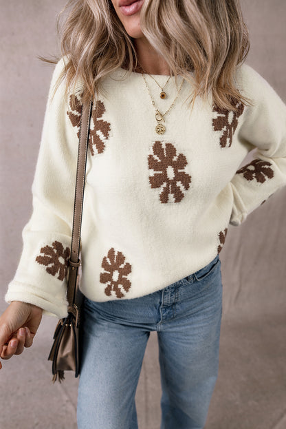 Colourblock Floral Pattern Round Neck Sweater | White