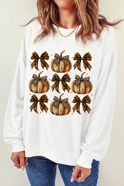 Pumpkin Leopard Bow Knot Print Pullover Sweatshirt | Beige