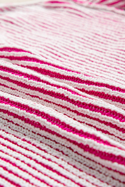 Striped Textured Knit Contrast Edge Loose Sweater | Bright Pink