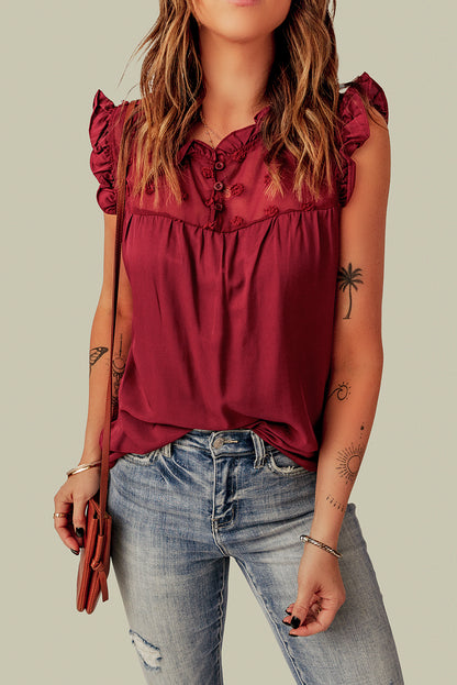 Fiery  Ruffled Swiss Dot Mesh Yoke Tank Top | Red