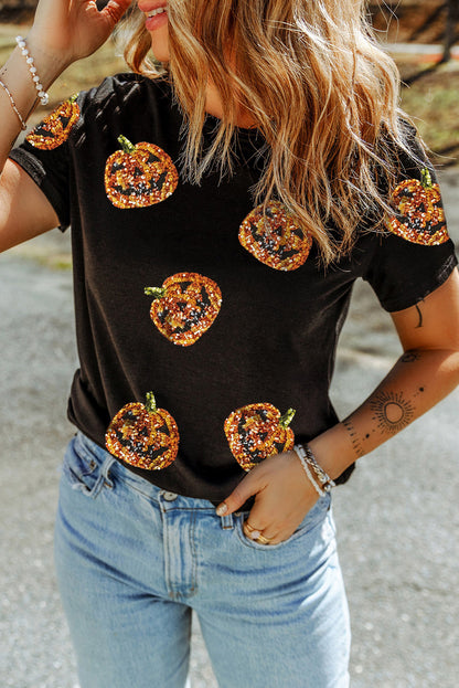 Sequin Pumpkin Face Halloween T Shirt | Black