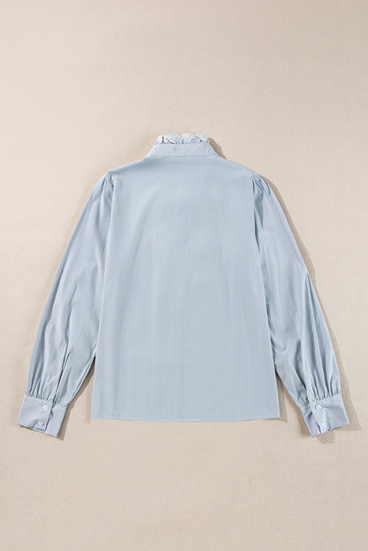 Frilled Trim Button Up Long Sleeve Shirt | Sky Blue Stripe