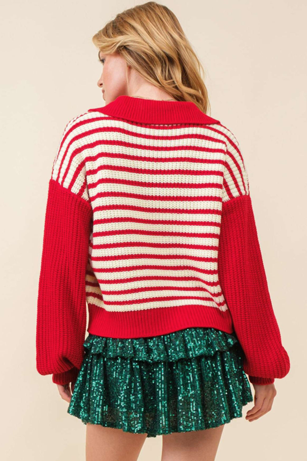 Lantern Sleeve V Neck Collared Drop Shoulder Sweater | Red Stripe