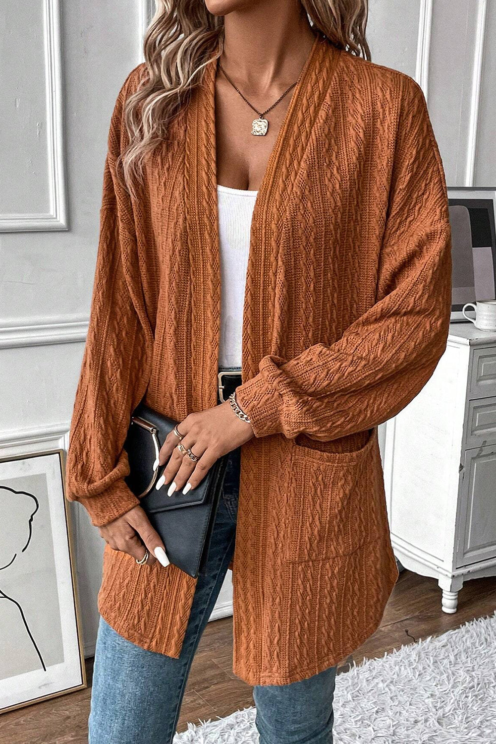 Textured Knit Side Pockets Open Front Cardigan | Chestnut