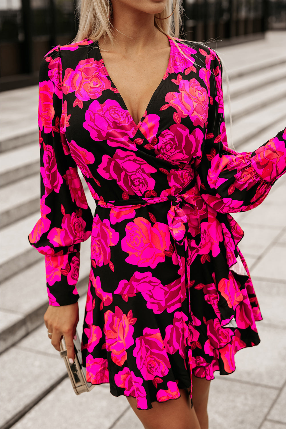 Floral Print V Neck Wrap Bishop Sleeve Ruffle Tiered Mini Dress | Rose