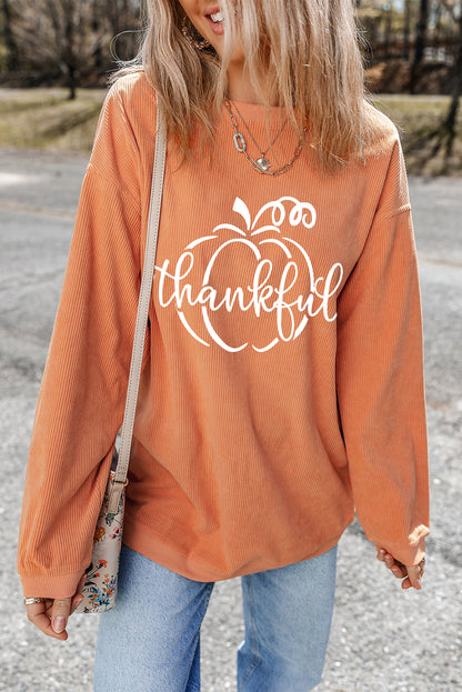 Pumpkin Thankful Graphic Corded Thanksgiving Sweatshirt | Orange