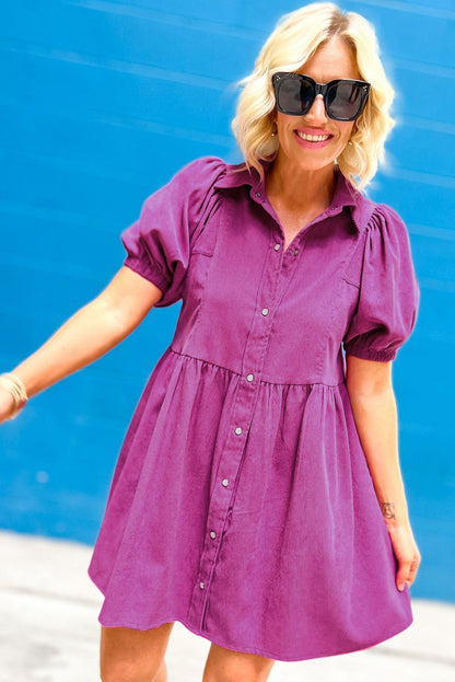 Corduroy Puff Sleeve Collared Babydoll Dress | Rose Red