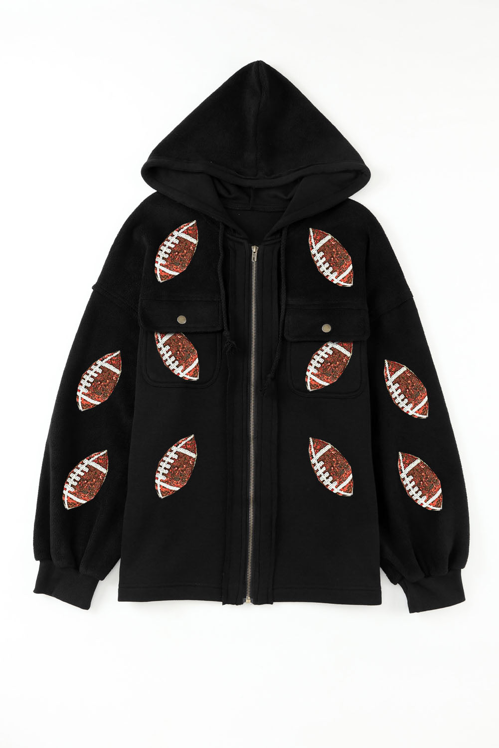 Sequined Rugby Football Pattern Pocketed Zipper Hooded Jacket | Black