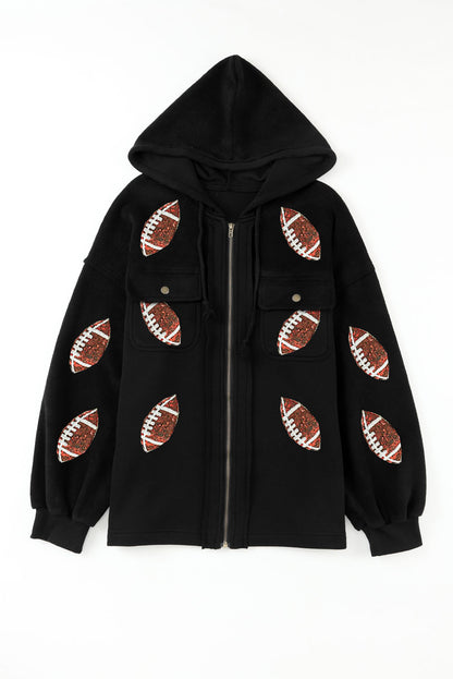 Sequined Rugby Football Pattern Pocketed Zipper Hooded Jacket | Black