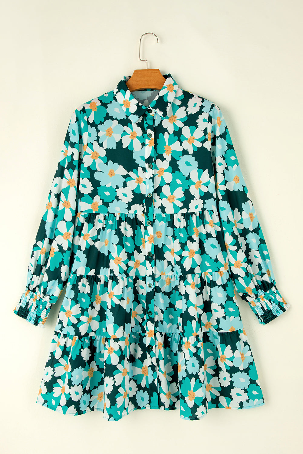 Green Floral Tiered Long Puff Sleeve Shirt Dress | Blackish Green