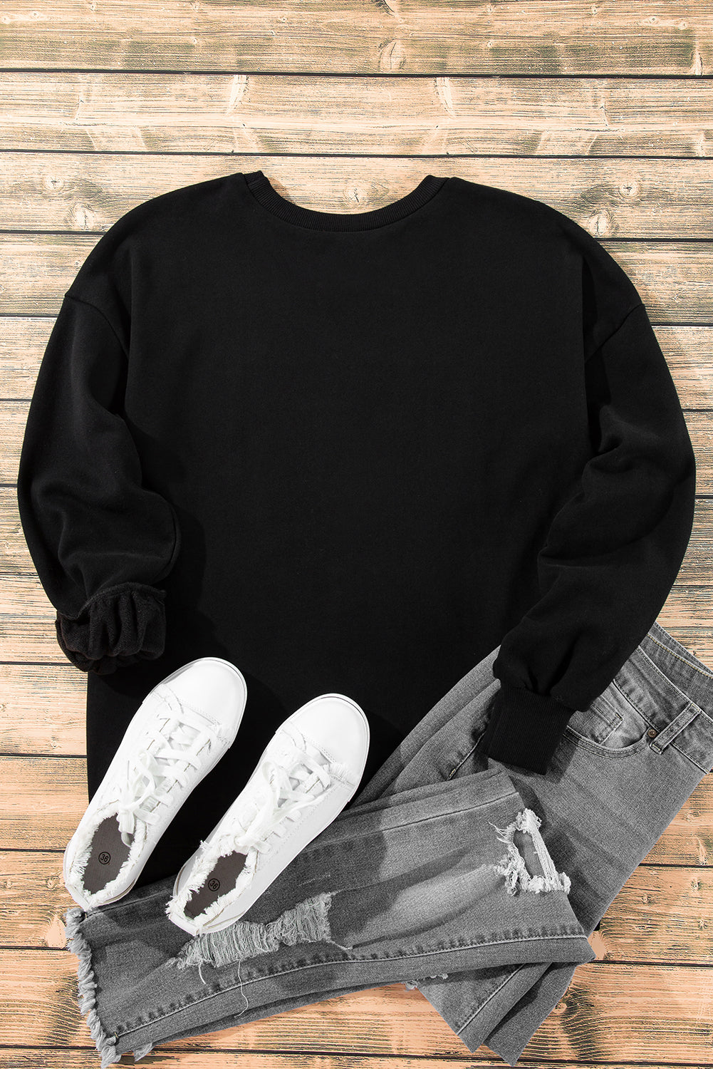 Solid Fleece Lined Drop Shoulder High Low Sweatshirt | Black