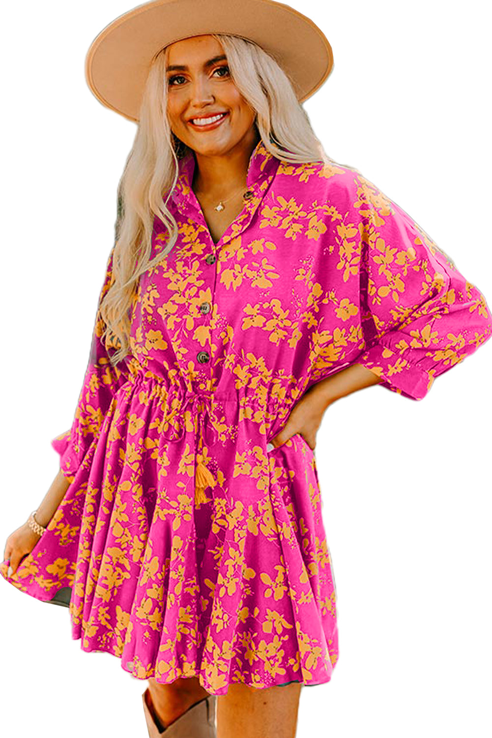 Floral Print Drawstring Tunic Flowy Short Dress | Pink