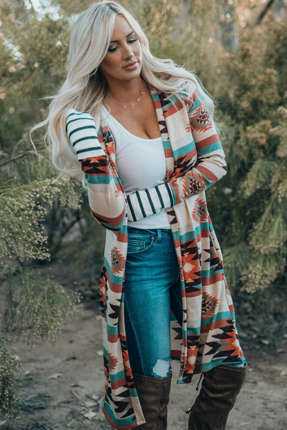 Geometric Colour Block Open Front Long Cardigan | Multicolour