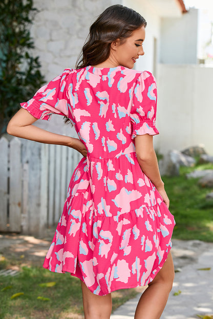 Abstract Printed Puff Short Sleeve Tiered Loose Dress | Pink