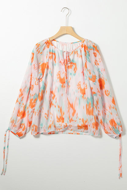 Abstract Print Split Neck Puff Sleeve Blouse | Multicolour