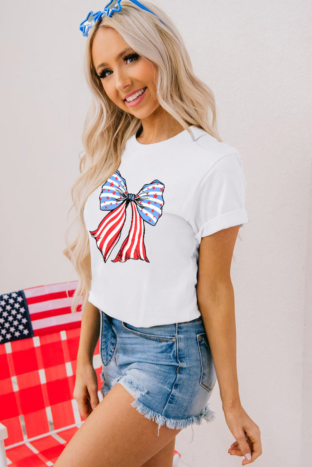 Stripes And Stars Bowknot Print T Shirt | White