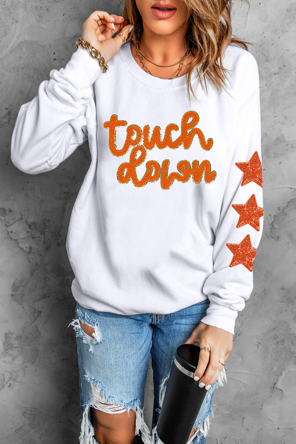 Glittering Touch Down Patched Pattern Star Sleeve Sweatshirt | Beige