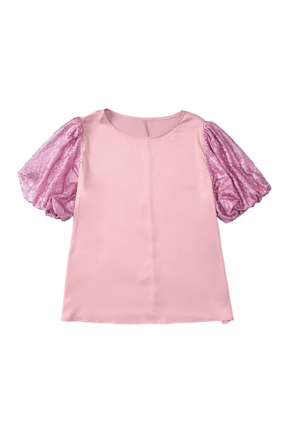 Contrast Sequin Bubble Sleeve Plus Size T-Shirt | Pink