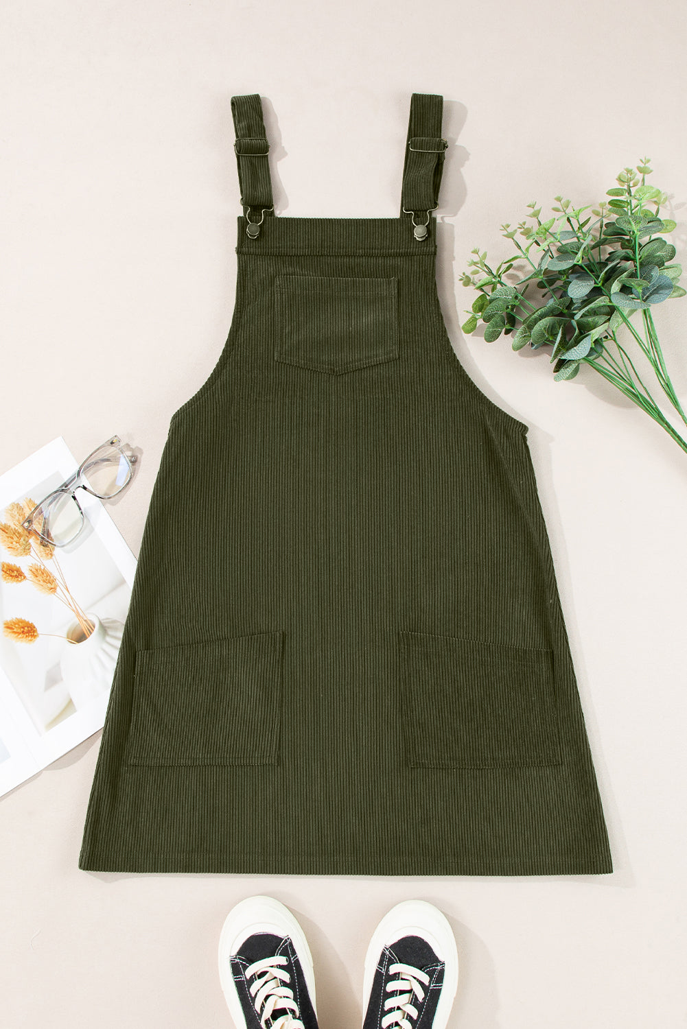 Solid Front Pockets Sleeveless Corduroy Overall Dress | Vineyard Green