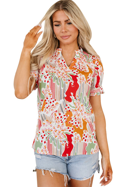 Floral Print Button Frilled Short Sleeve Blouse | Pink