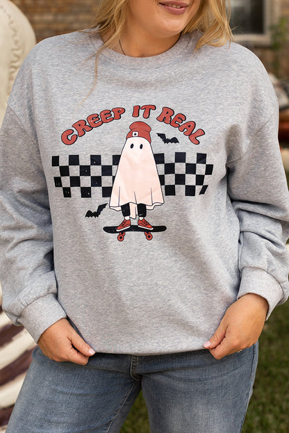 Creep It Real Ghost Print Plus Size Sweatshirt | Light Grey