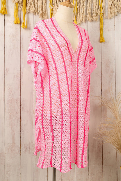 Striped Crochet Loose Fit V Neck Beach Cover Up | Pink