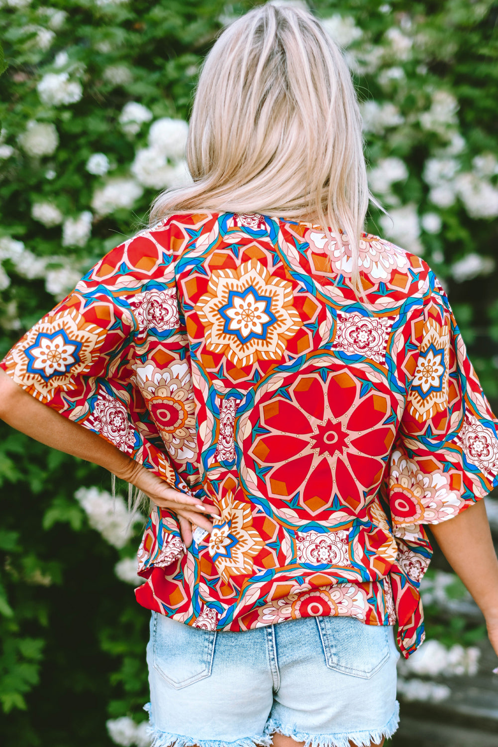 Floral Print Batwing Sleeve V Neck Blouse | Red