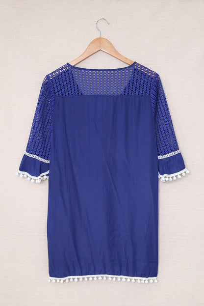 Crochet Pom Pom Trim Beach Tunic Cover Up | Blue