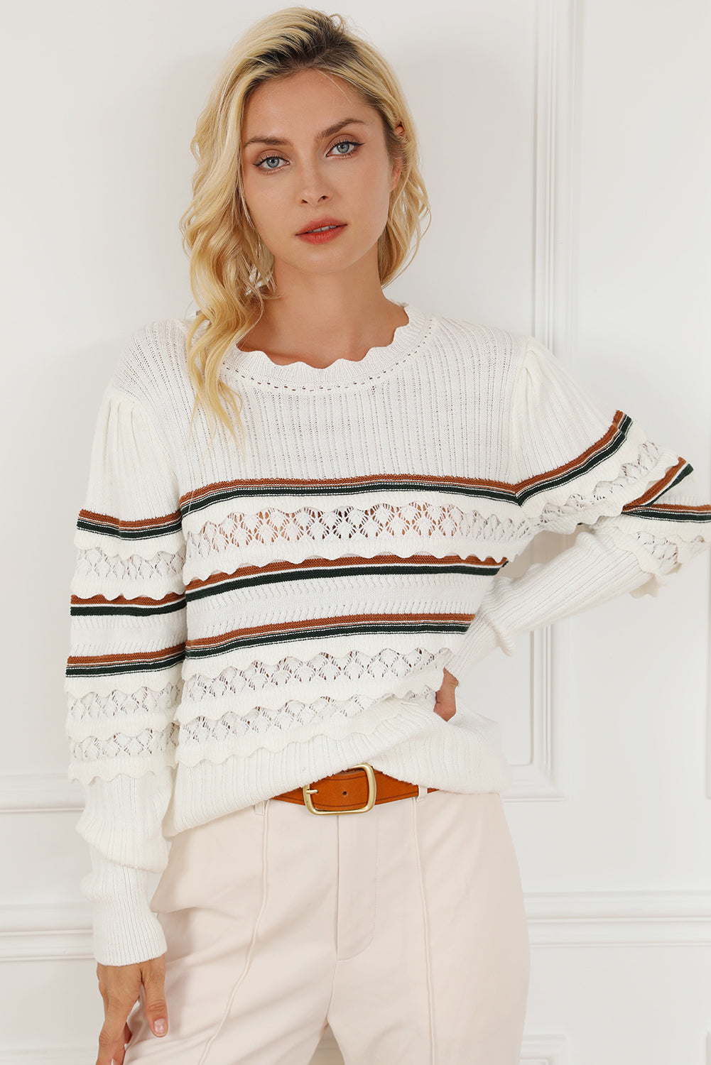 Striped Ribbed Scalloped Detail Knit Sweater | White