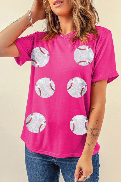 Sequined Baseball Graphic Cotton T Shirt | Rose Red