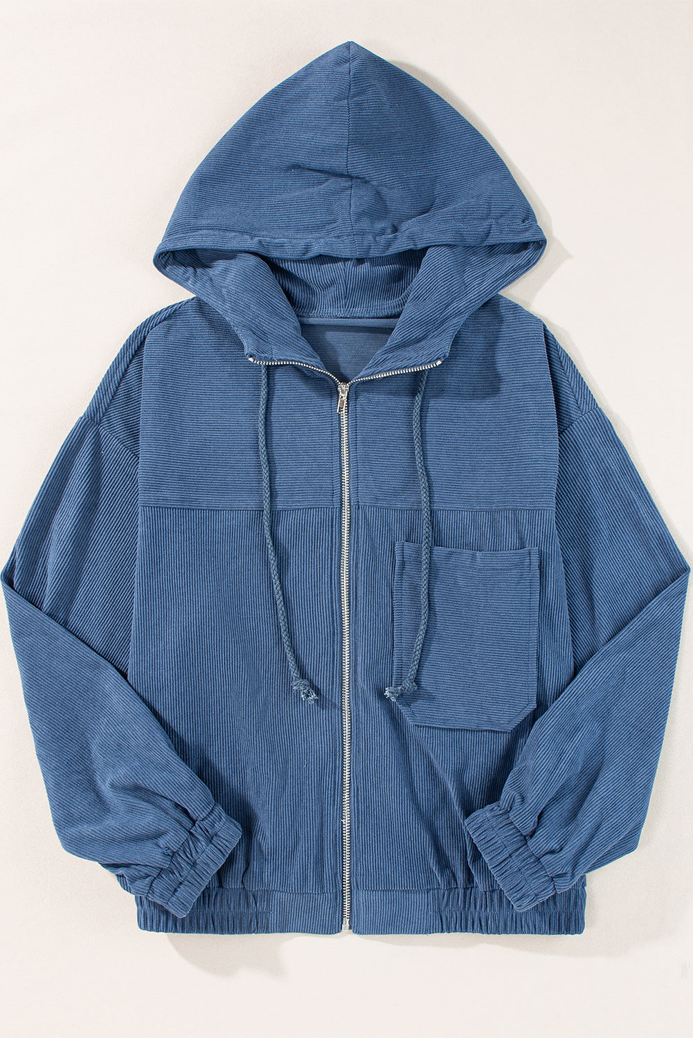 Corduroy Drawstring Hooded Pocket Zip Up Jacket | Real Teal