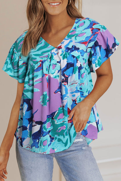 Abstract Print V Neck Flutter Sleeve Blouse | Sky Blue