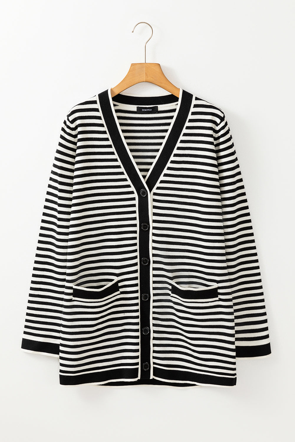 Long Sleeve Button Up Tunic Cardigan | Black Stripe