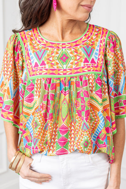 Geometric Print Bell Sleeve O Neck Babydoll Blouse | Orange