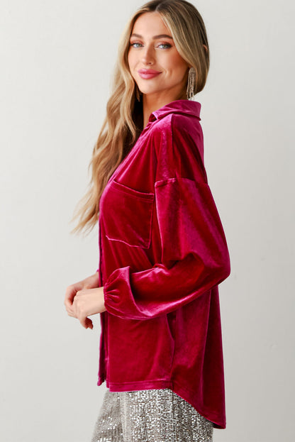 Buttoned V Neck Chest Pocket Velvet Shirt | Pitaya Pink