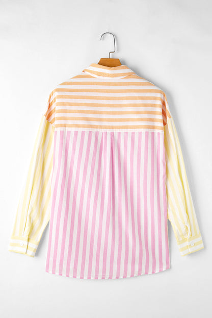 Contrast Collar Long Sleeve Patchwork Shirt | Pink Stripe