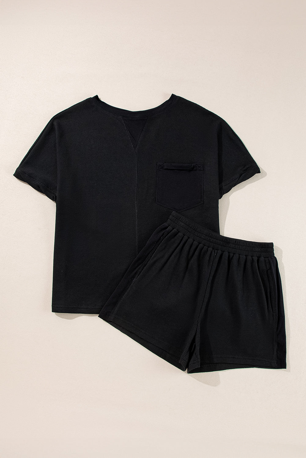 Waffle Knit Oversize Tee And Shorts Set | Black