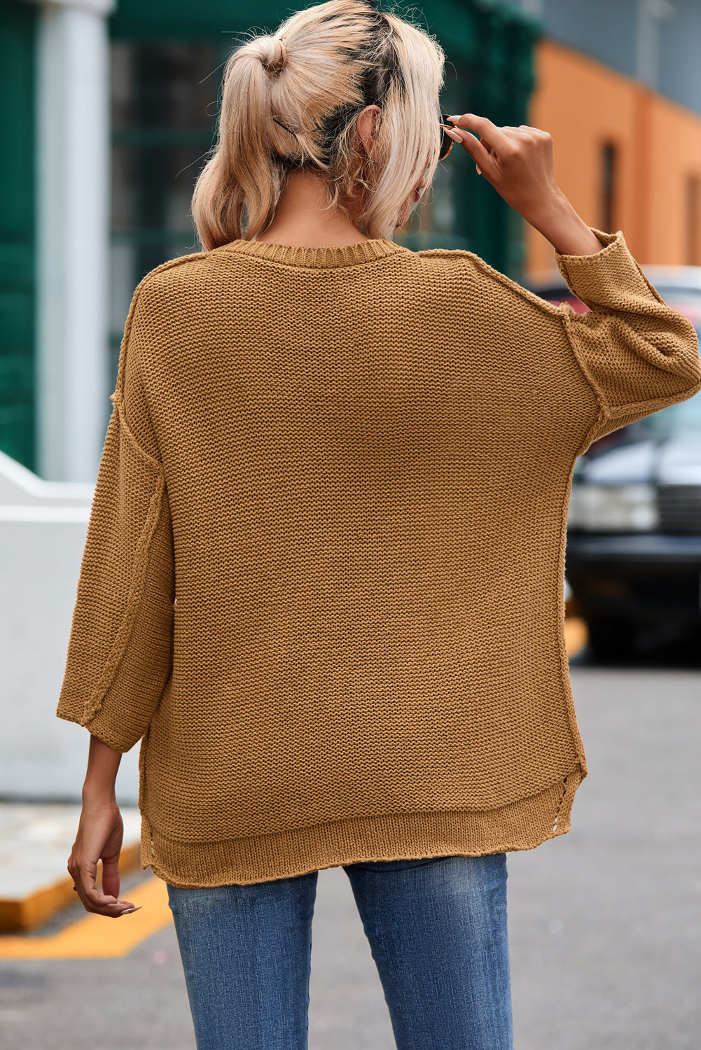 Slouchy Textured Knit Loose Sweater | Brown