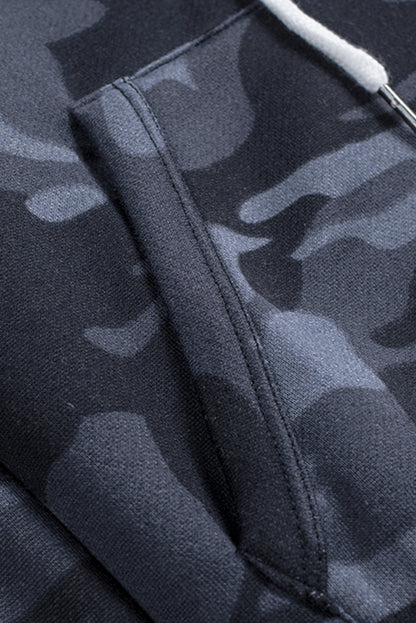 Camo Print Zip-Up Hooded Coat With Pockets | Black