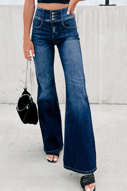 Buttons Elastic Wide Waistband Back Flare Jeans | Blue