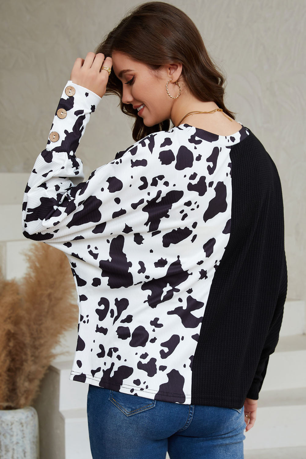 Cow Patchwork Waffle Knit Long Sleeve Top | Black